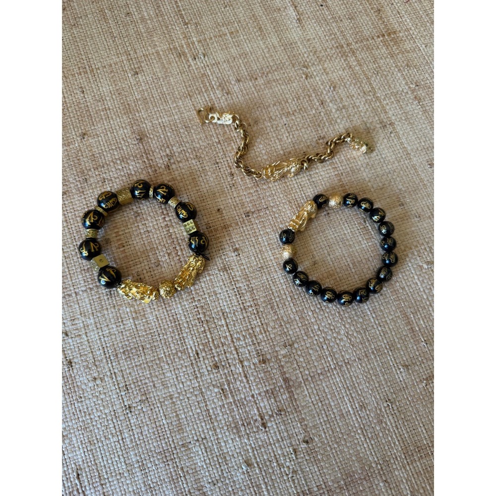 Feng Shui Pixiu Dragon Bracelet Set Obsidian Beads Gold Tone Link Chain 3pc